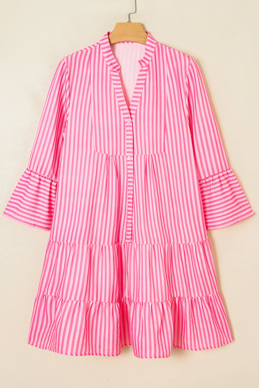 Pink Stripe Flare Sleeve Half Placket Tiered Flowy Mini Dress