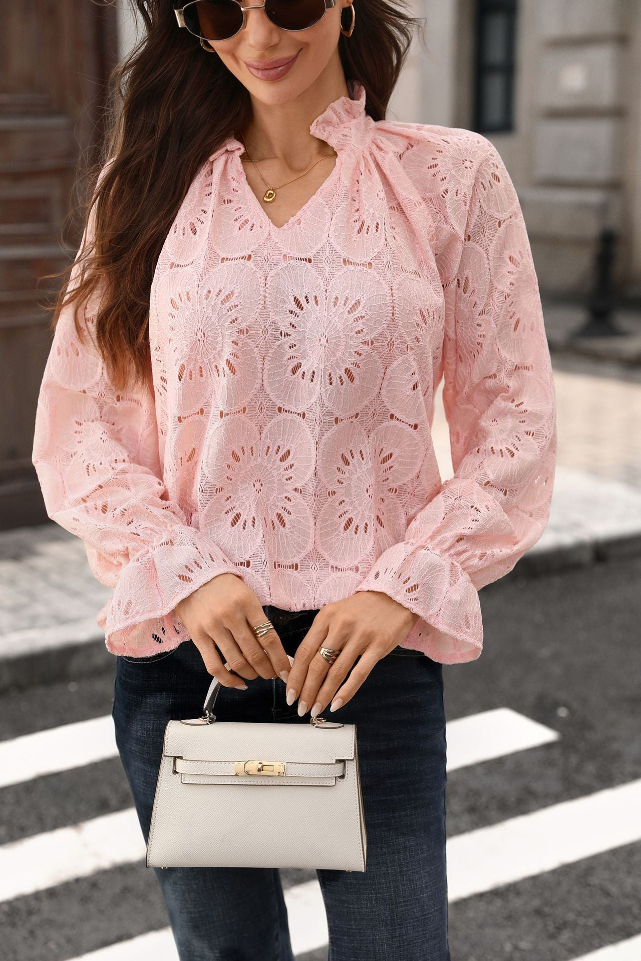 Eyelet Lace V Neck Top Long Sleeve Loose Casual Blouse
