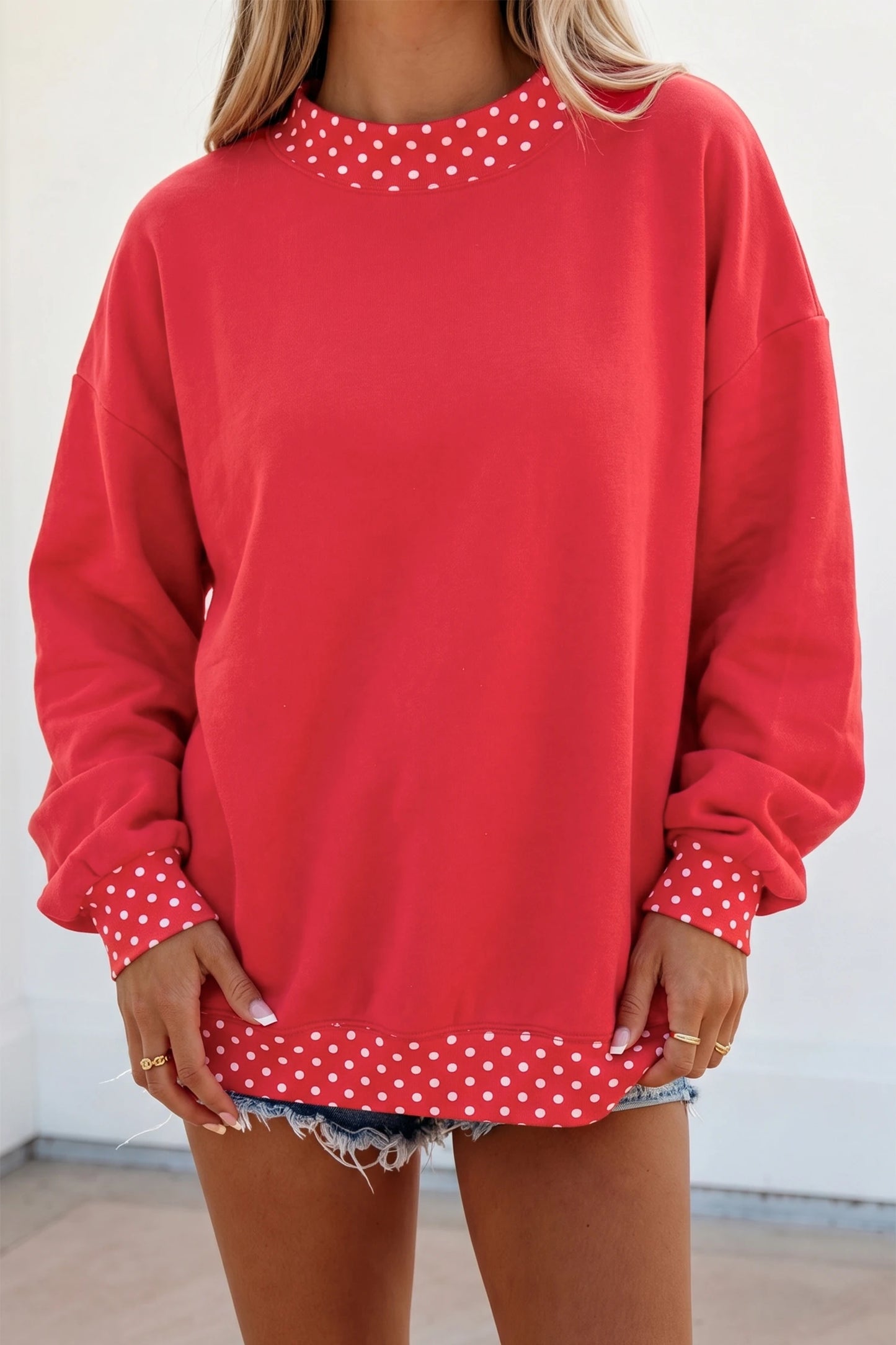 Colorblock Polka Dot Contrast Trim Oversized Sweatshirt
