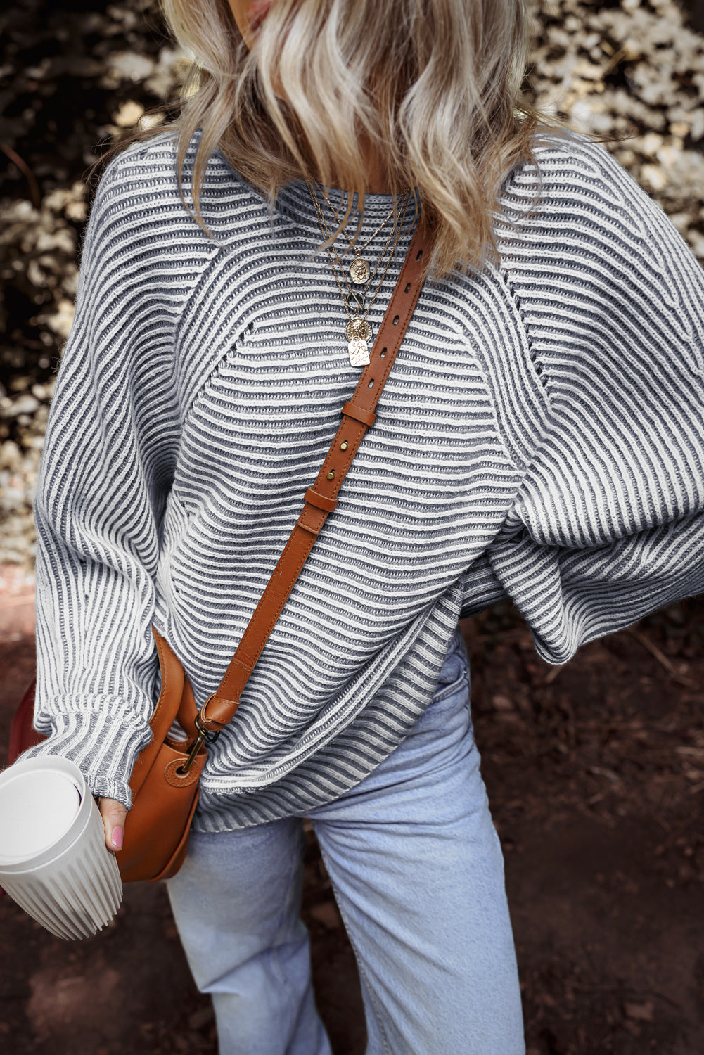 Ashleigh Blue Striped Print Ribbed Knit Boat Neck Baggy Sweater