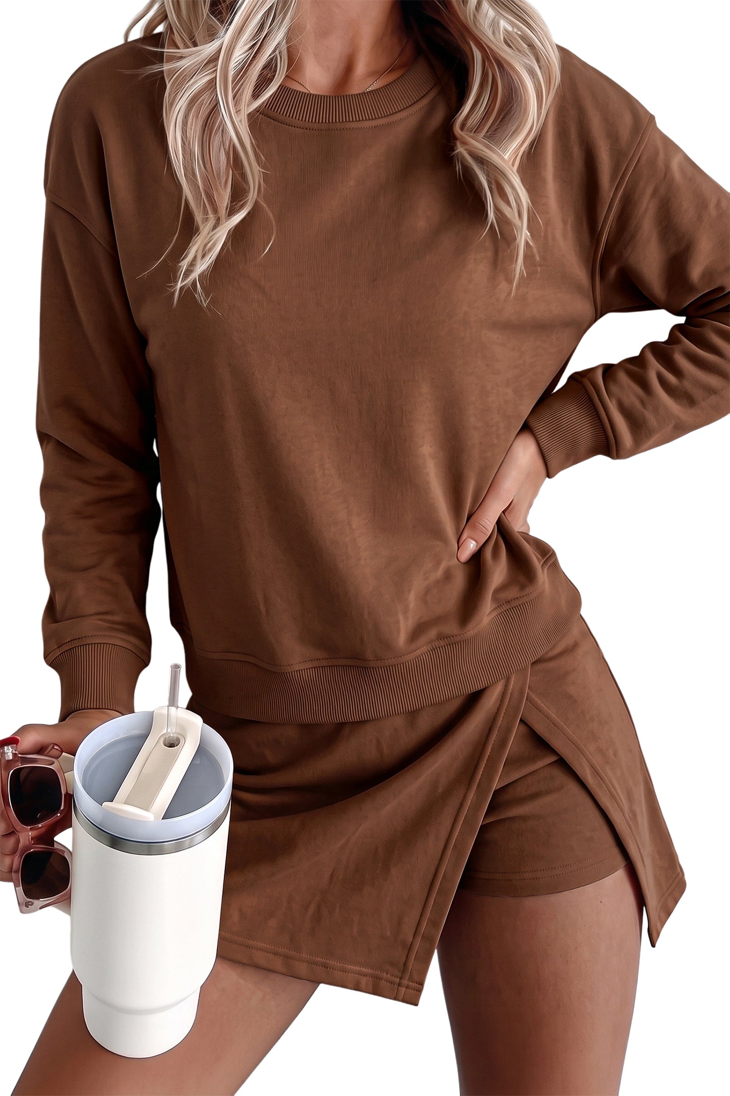 Parchment Solid Color Long Sleeve Top Split Skort 2pcs Outfit