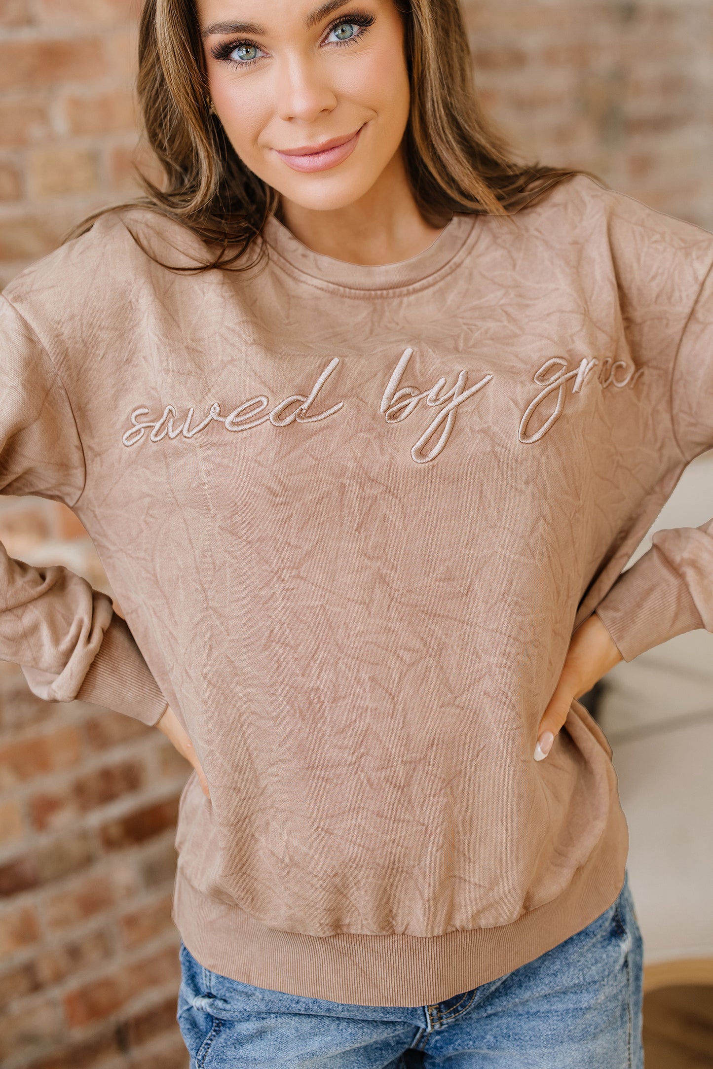 Saved by grace Letter Embroidery Mineral Wash Loose Sweatshirt