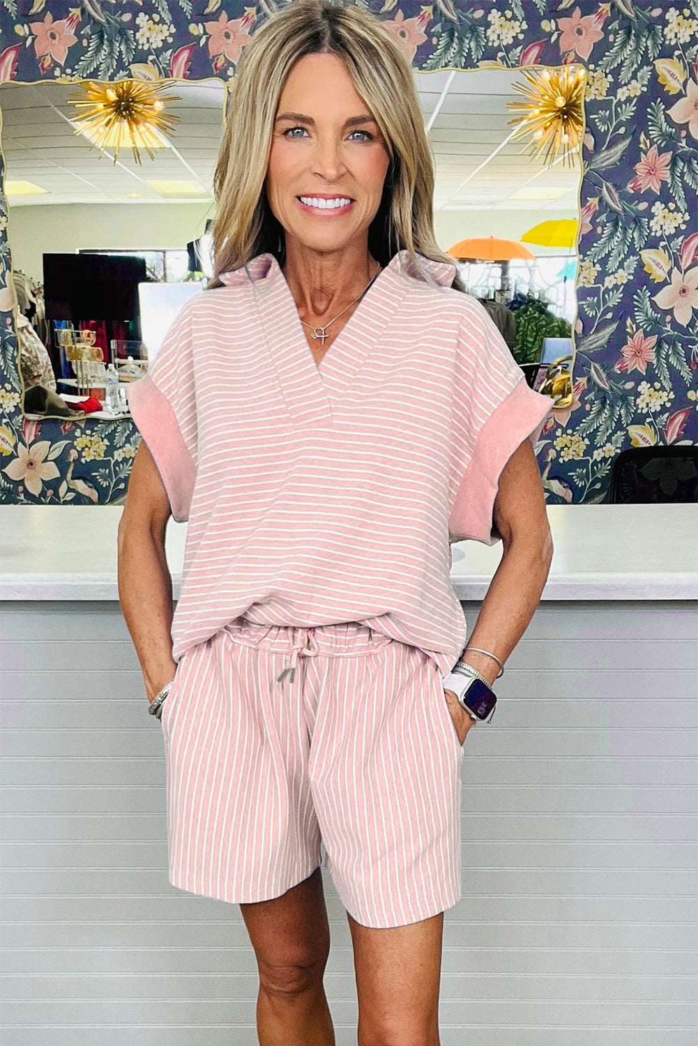 shop similar  shop similar  shop similar  shop similar  shop similar  shop similar  shop similar  shop similar  shop similar  shop similar  shop similar  shop similar  shop similar  Sky Blue Stripe Dolman Sleeve Polo Shirt and Drawstring Shorts Set