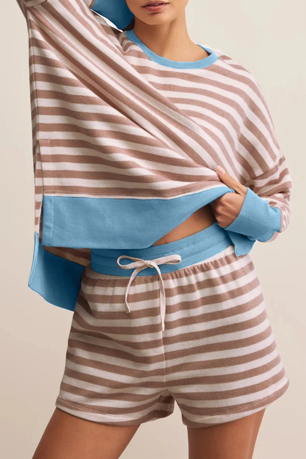 Khaki Stripe Contrast Edge Drop Shoulder Pullover and Shorts Plus Size Set