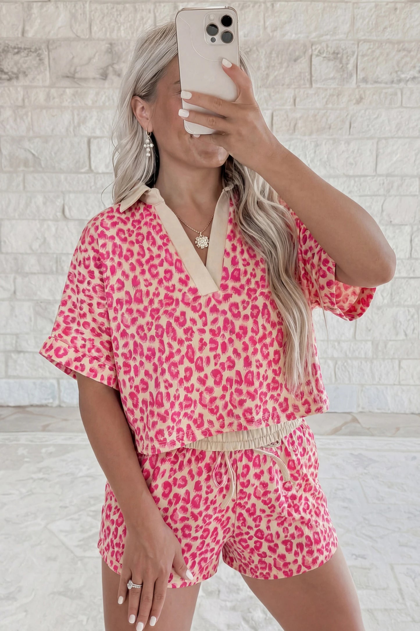 V Neck Collar Leopard Printed 2pcs Short Set