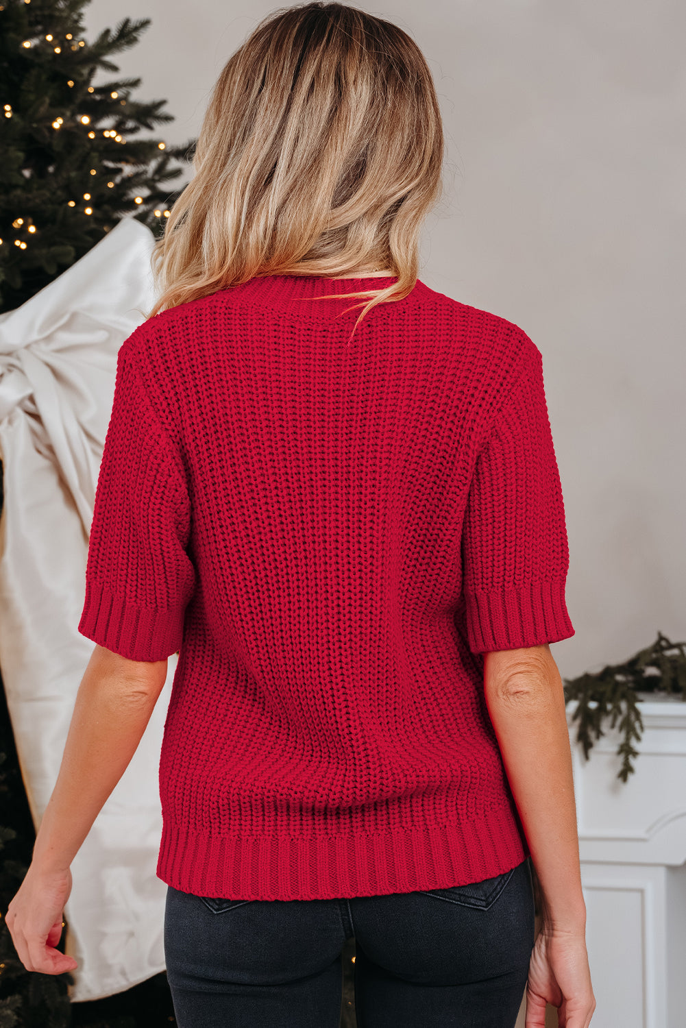 Plaid Lace up Detail Christmas Holiday Puff Short Sleeve Sweater