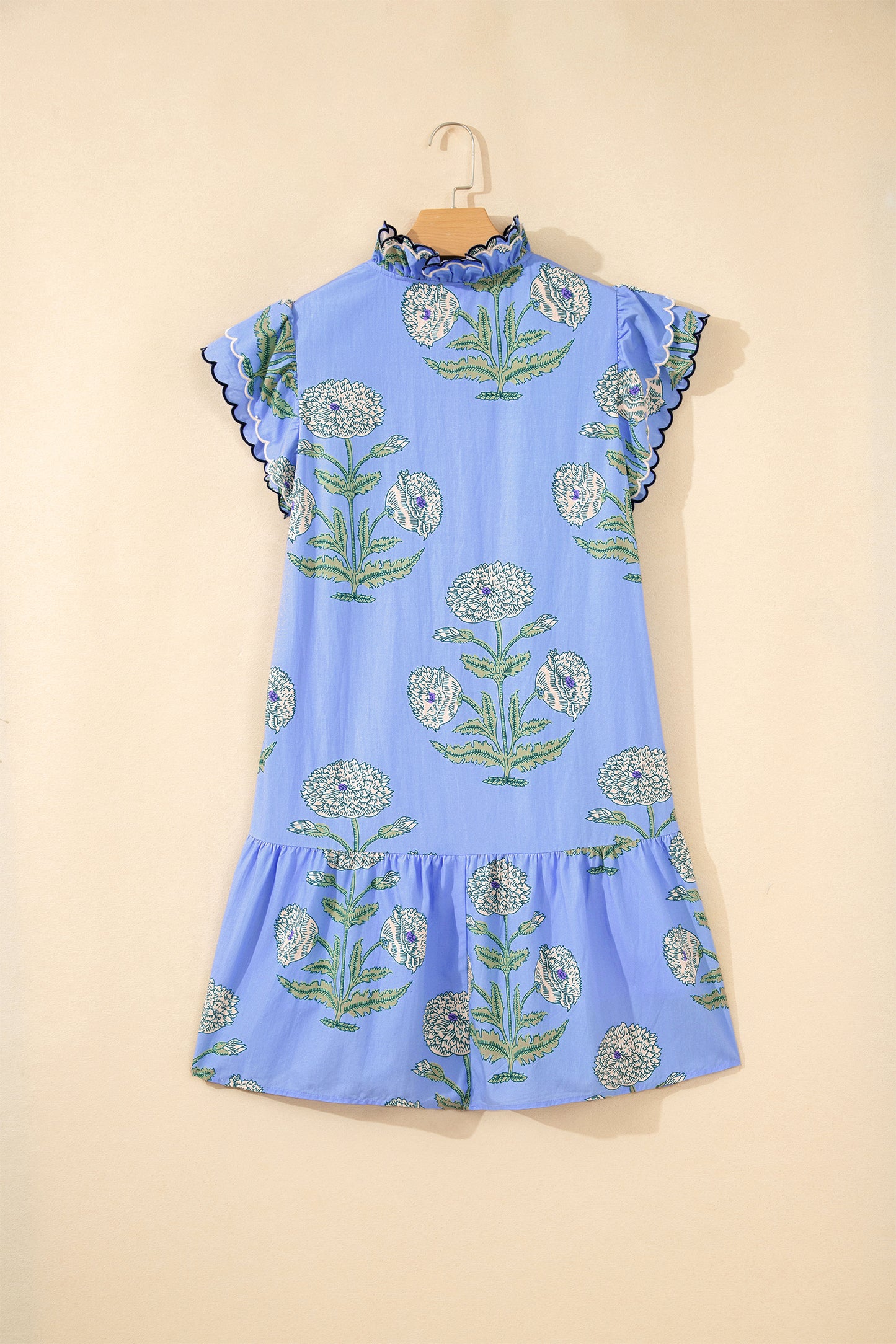 White Wild Floral Print Scalloped Embroidery Trim V Neck Drop Waist Mini Dress