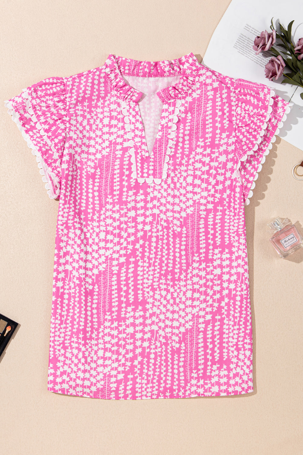 Abstract Print Ric Rac Trim Flutter Sleeve Notch V Neck Blouse