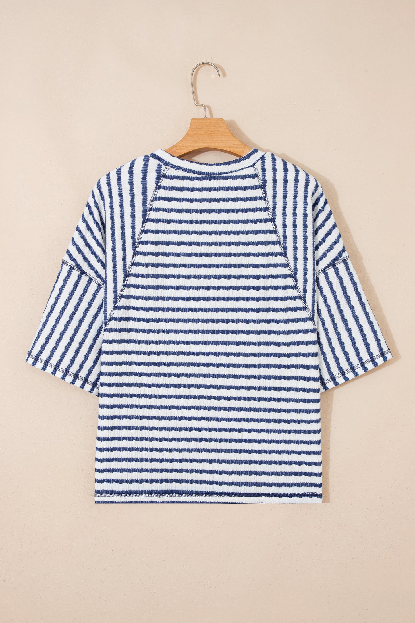 Apricot Stripe Textured Knit Split Hem Half Sleeve Loose Top
