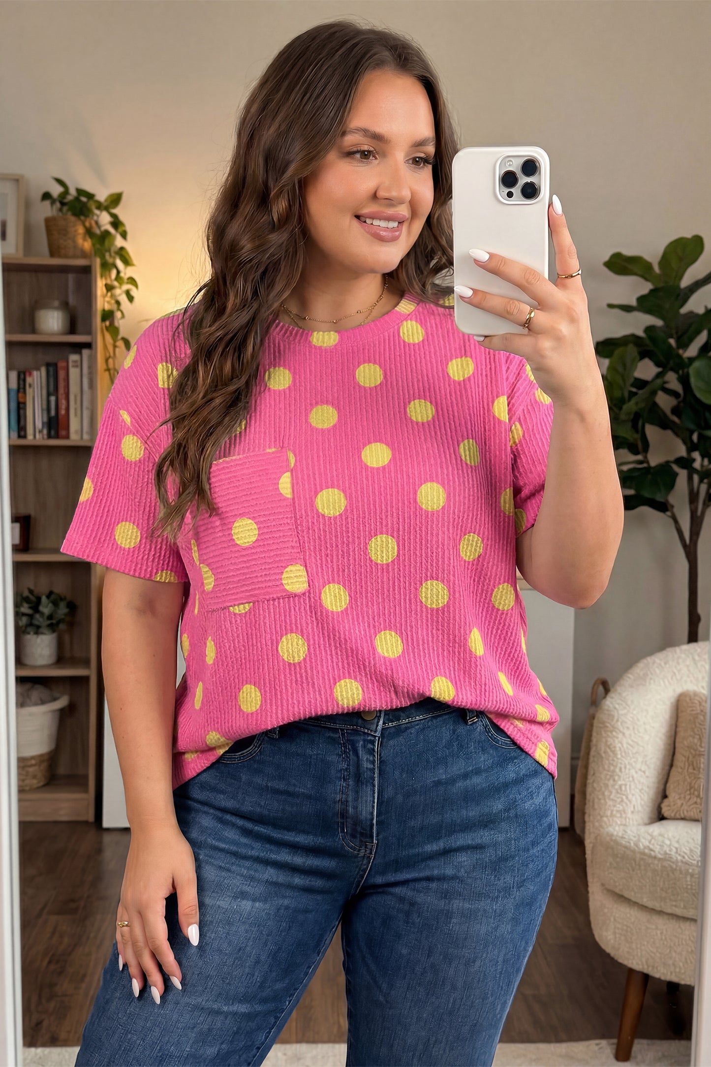 Polka Dot Waffle Knit Plus Size Pocket Top