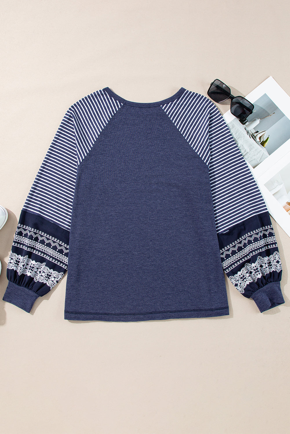 Tillandsia Purple Contrast Print Striped Raglan Long Sleeve Loose Top