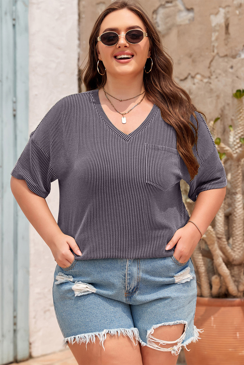 Textured Ribbed Plus Size Tunic Tee Casual Oversized Top