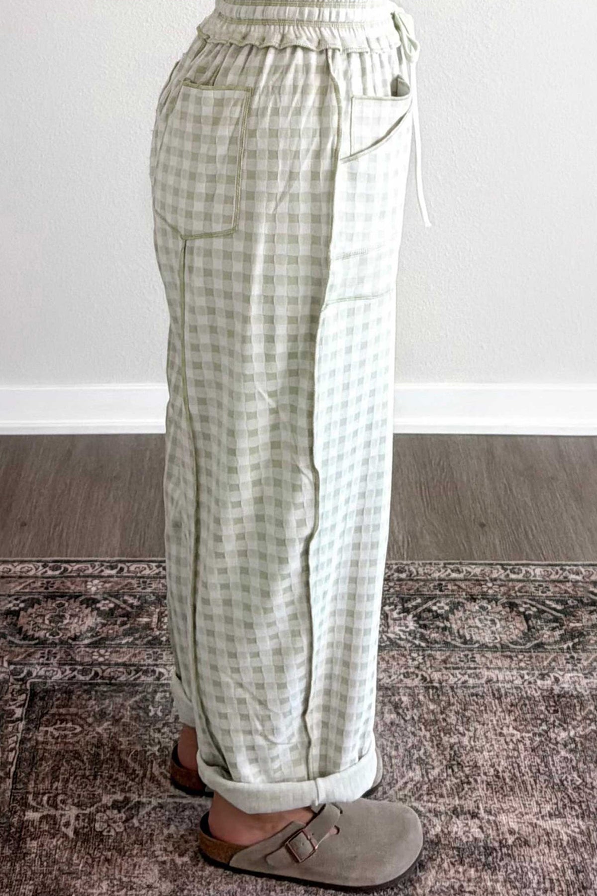 Red Plaid Contrast Trim Drawstring Elastic Waist Shift Pants