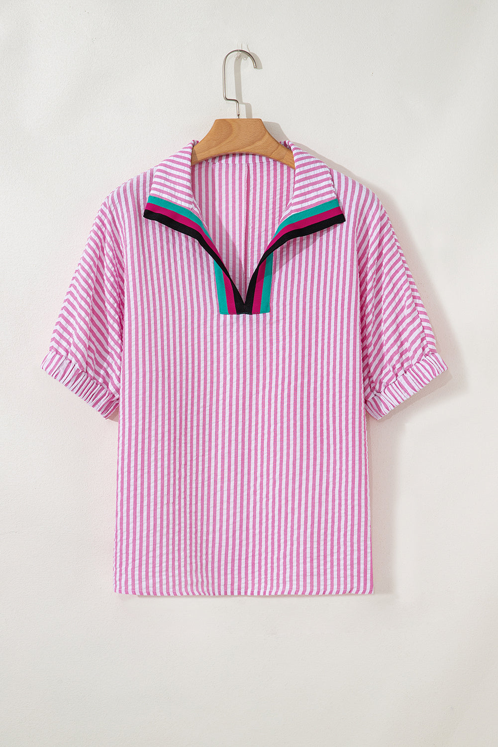 Sachet Pink Striped Print Contrast Split Neck Dolman Sleeve Blouse