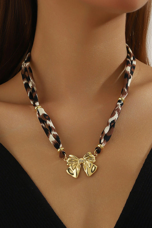 Gold Plated Bow Charm Leopard Ribbon Necklace
