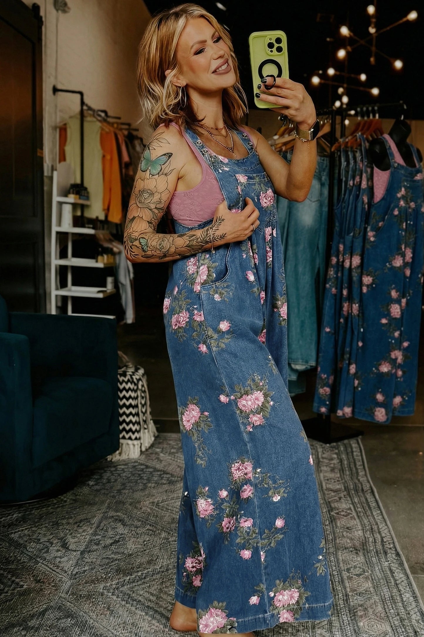 Beau Floral Print Pleated High Waist Wide Leg Denim Jumpsuit