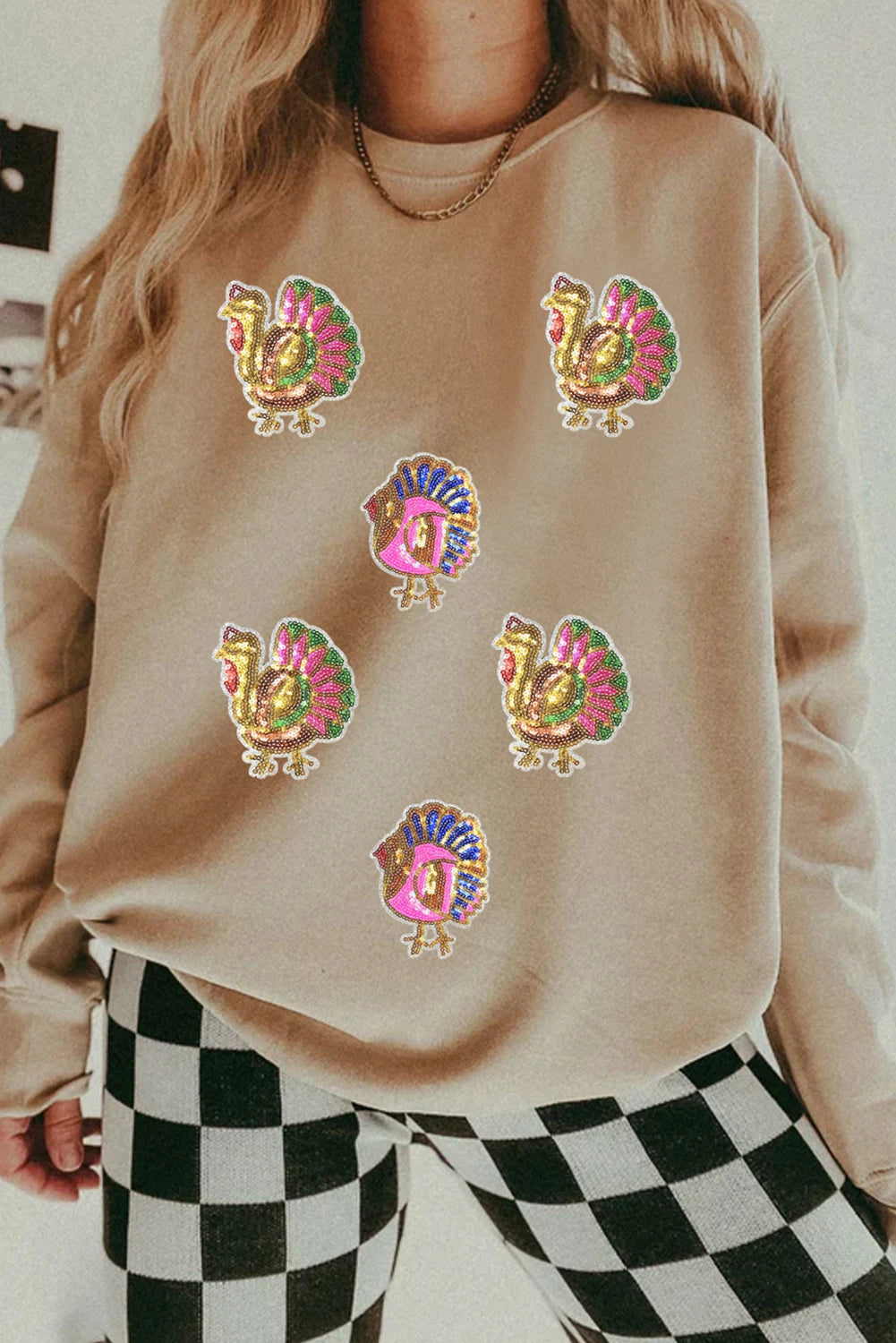 Khaki Sequin Thanksgiving Turkey Graphic Baggy Sweatshirt