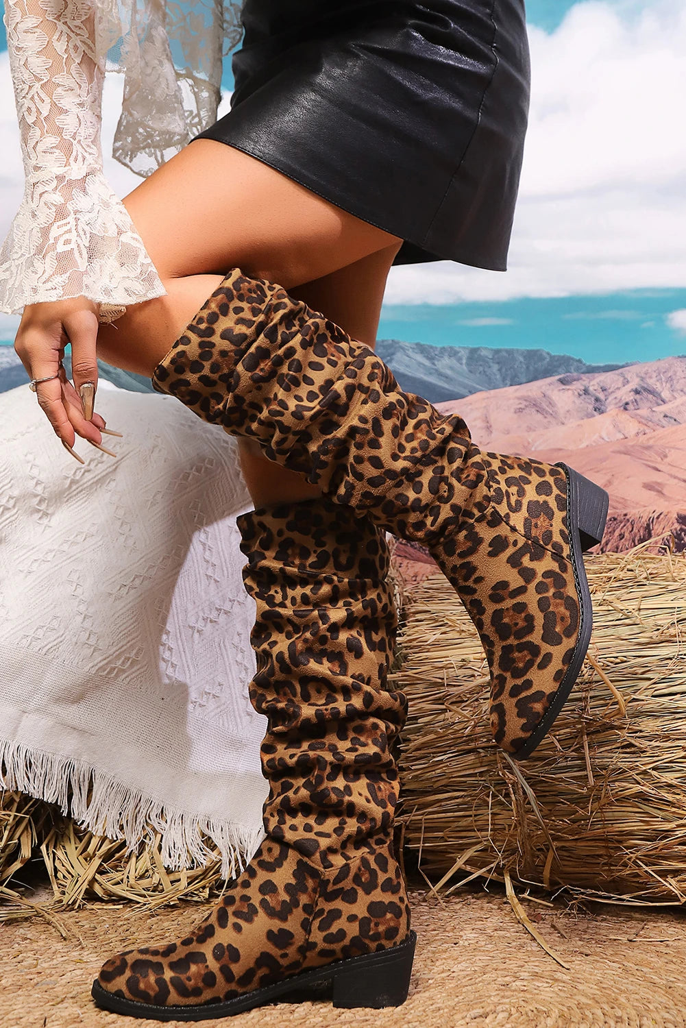 Coffee Leopard Print Slouchy Stacked Knee High Boots