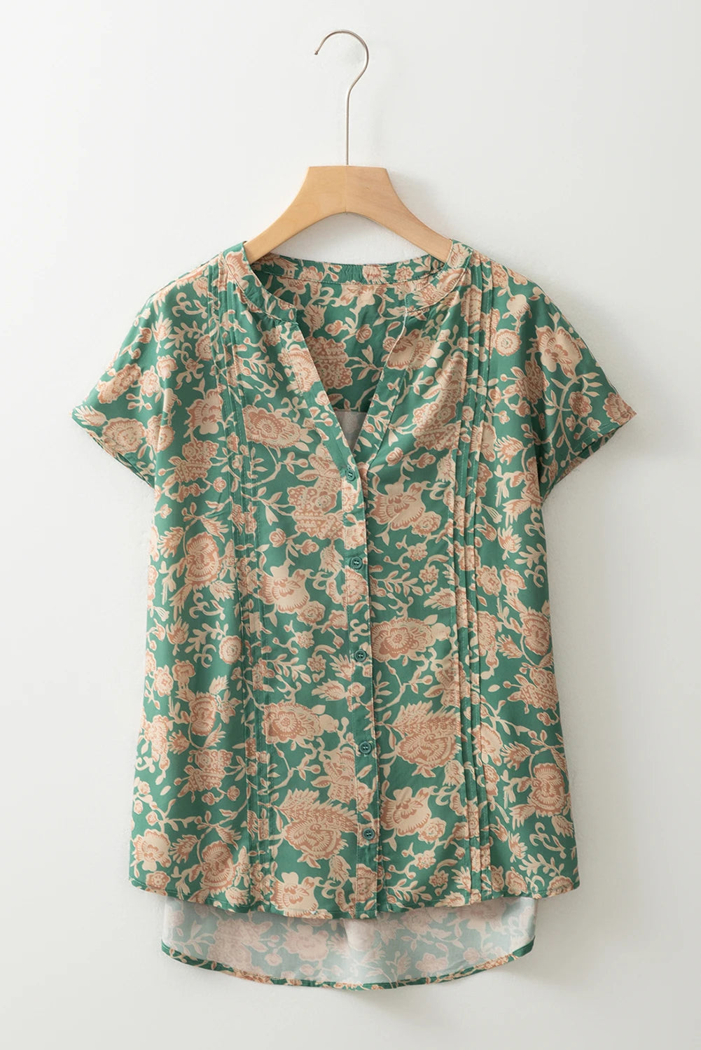 Green Floral Print Pleated Buttoned V Neck Short Sleeve Blouse