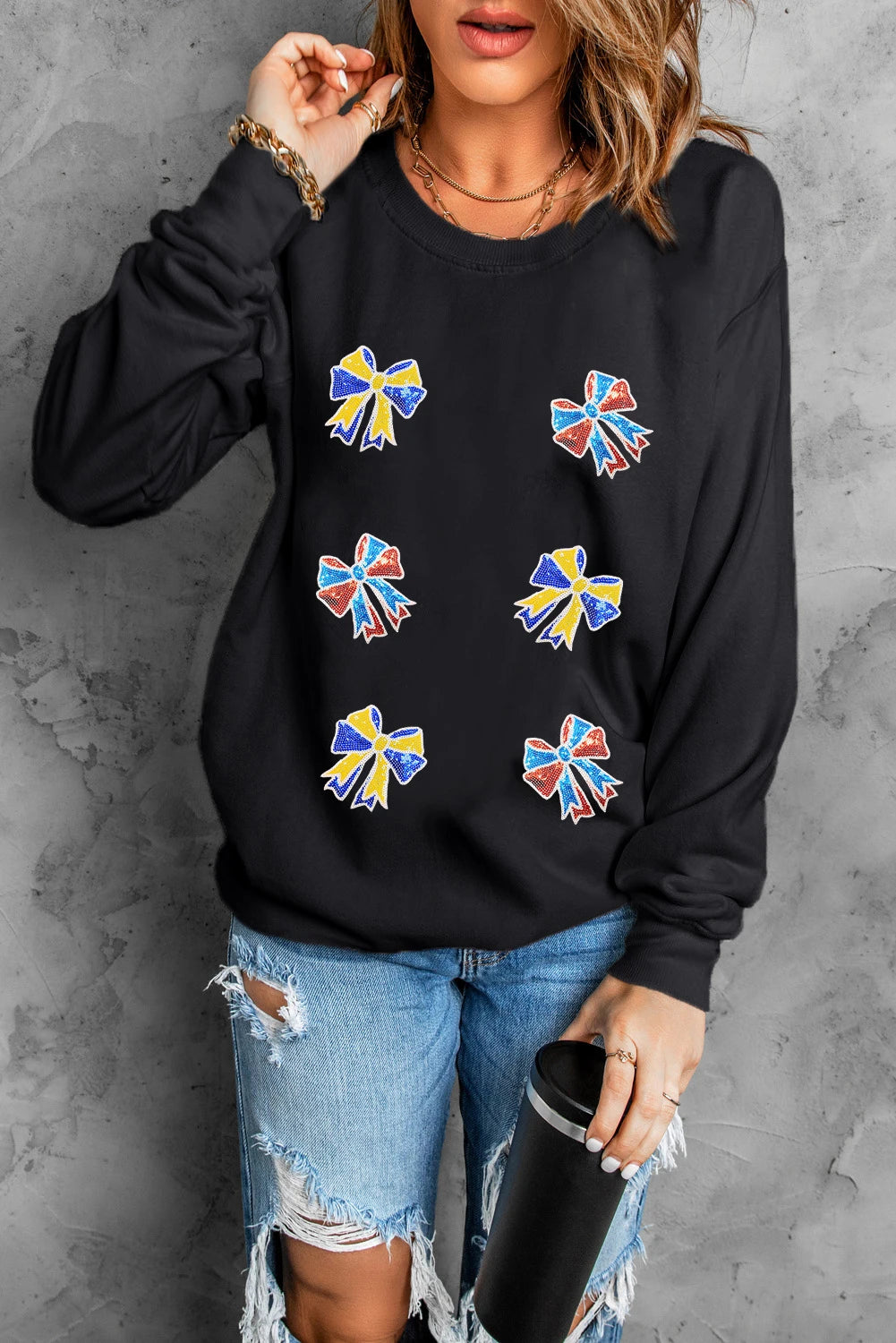 Black Shimmering Bow Patched Pattern Game Day Sweatshirt