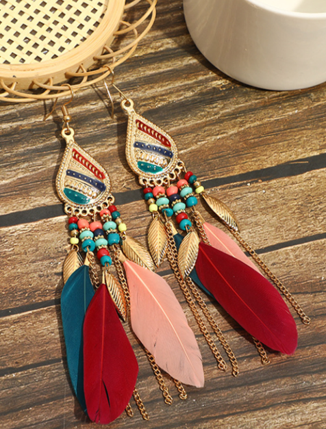 Red Bohemian Feathered Beaded Tassel Hook Earrings