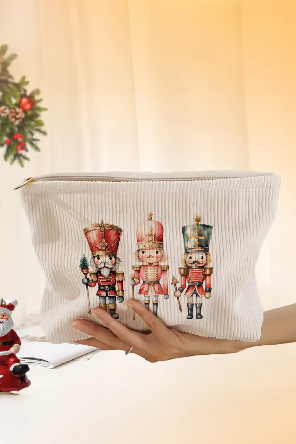 Pink Christmas Fashion Print Corduroy Zip Up Cosmetic Bag