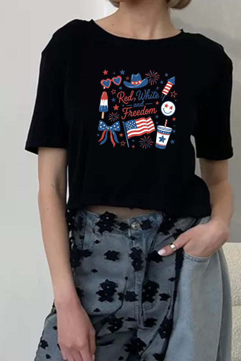 Patriotic Graphic Tee Lace Patchwork Freedom Top