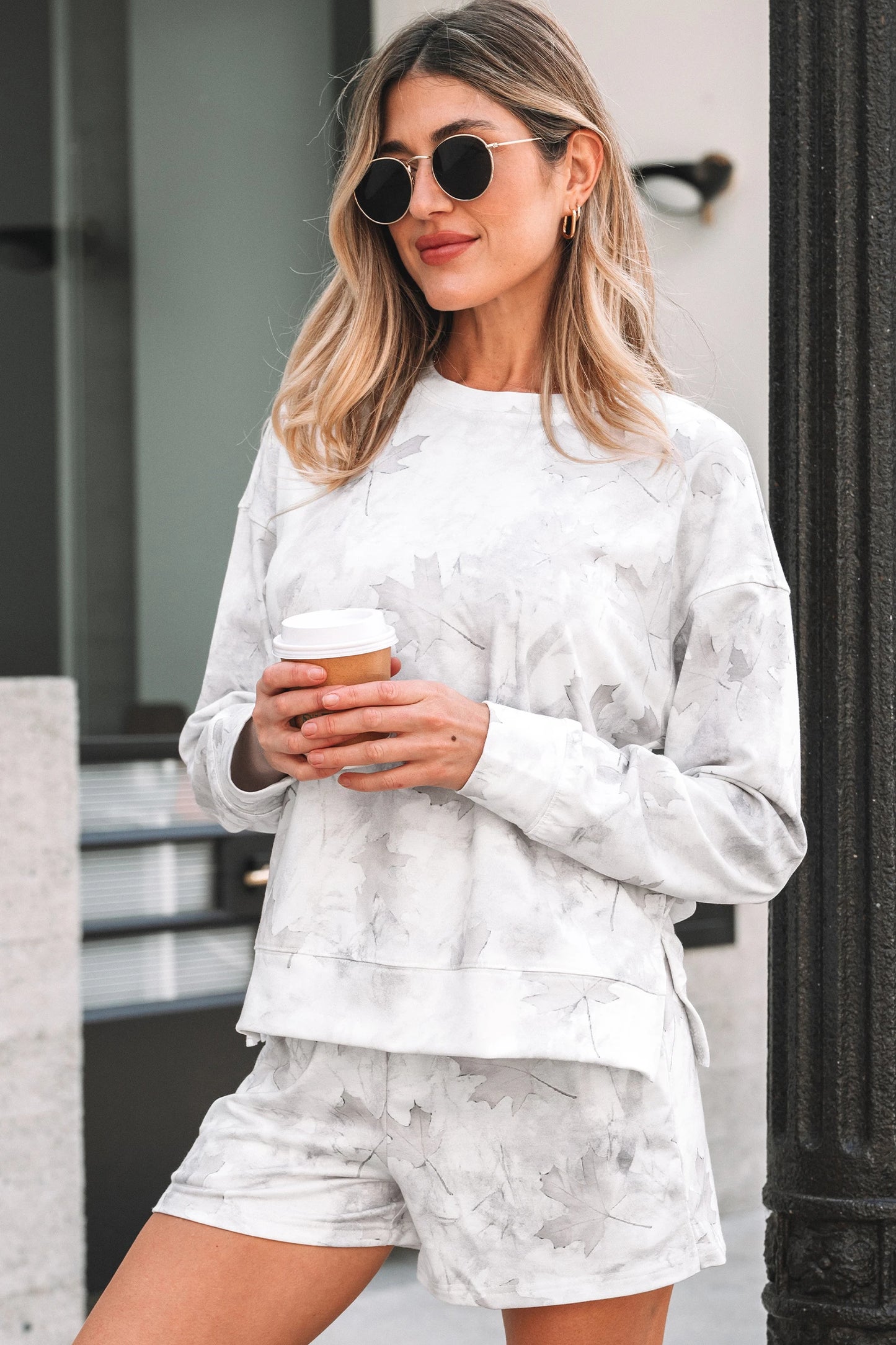 Beige Camo Print Pullover Top and Elastic Waist Casual Short Set