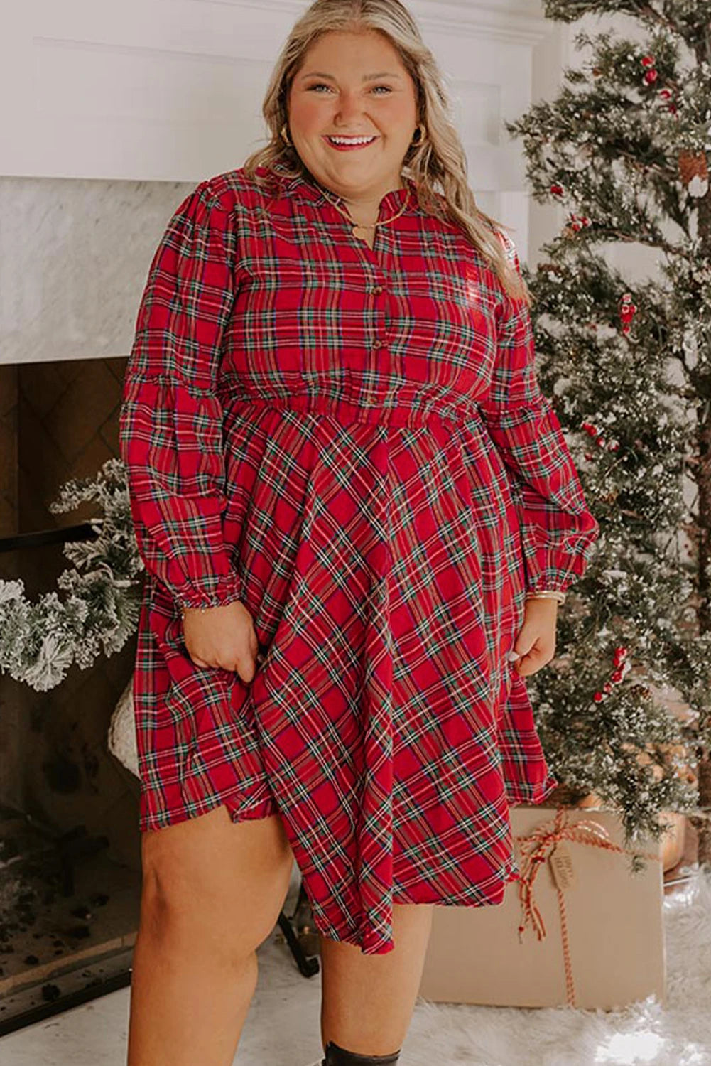 Red Plus Size Plaid Half Button Long Sleeve Holiday Dress