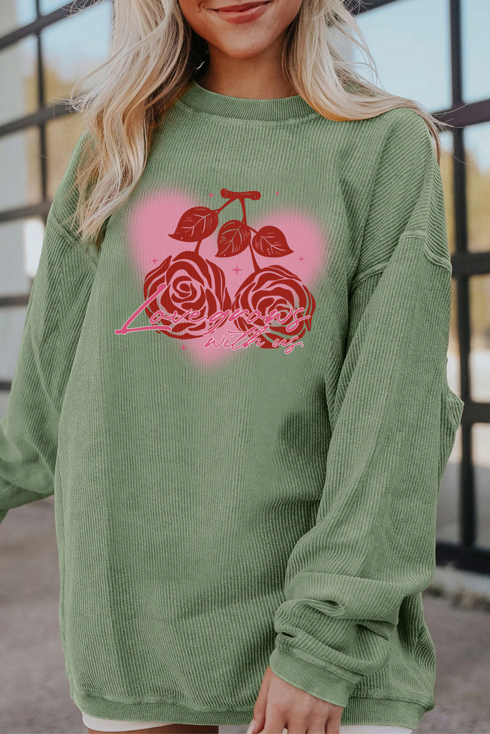 Valentine Rose Heart Corduroy Ribbed Oversized Sweatshirt