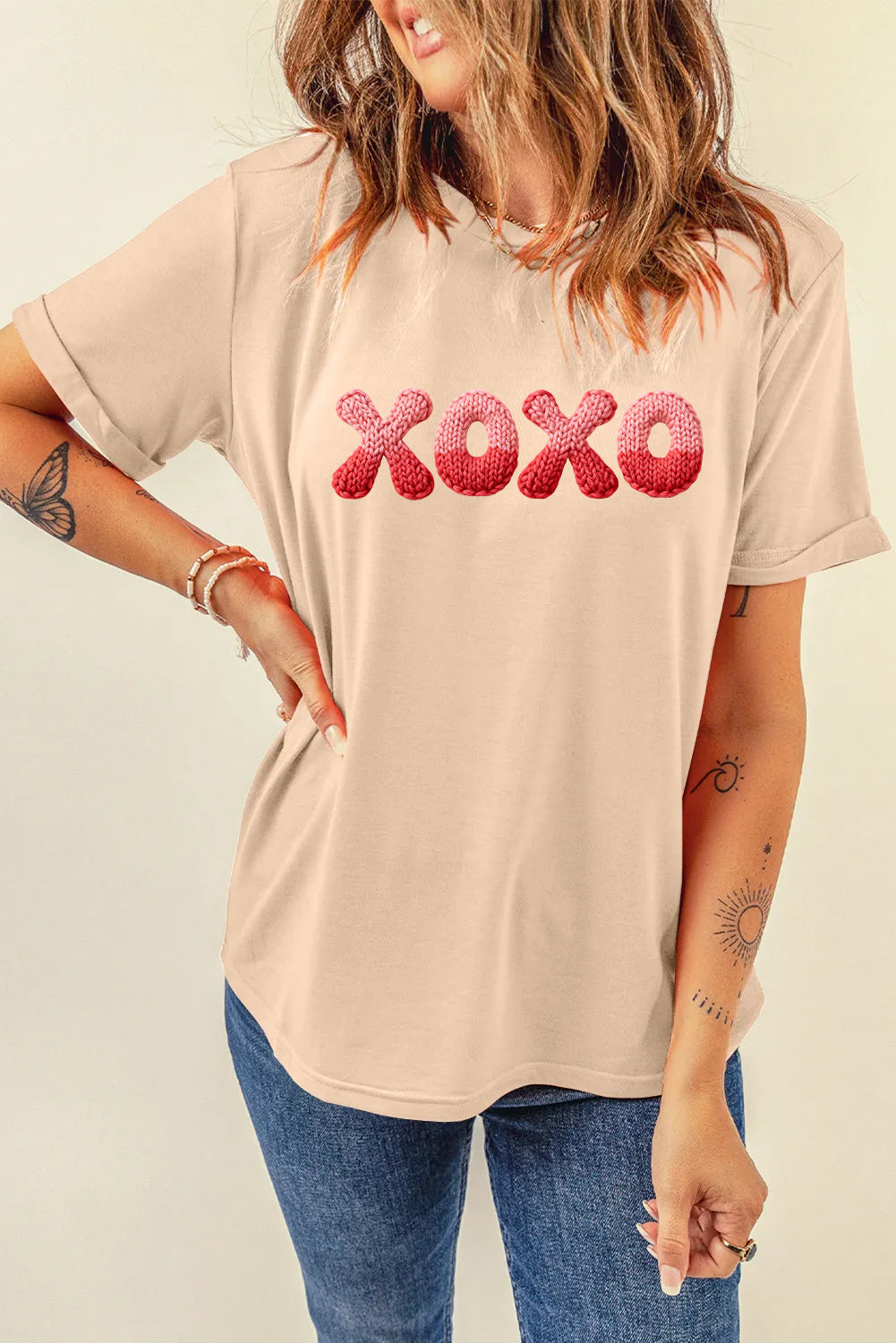 Valentine’s Day XOXO Knit Letter Graphic Tee（Not Embroidery）