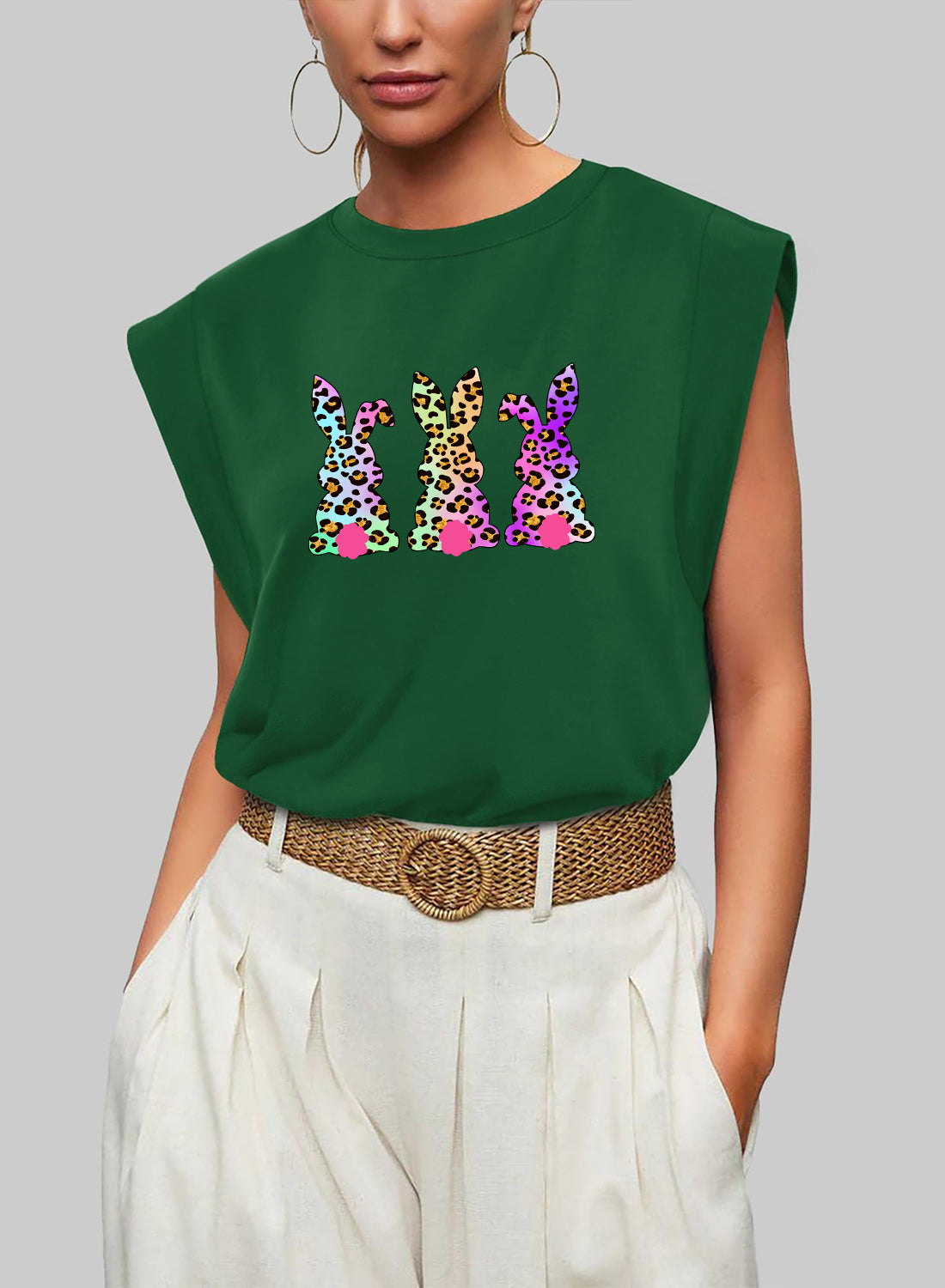 Easter Sequin Bunny Graphic Sleeveless Casual Top