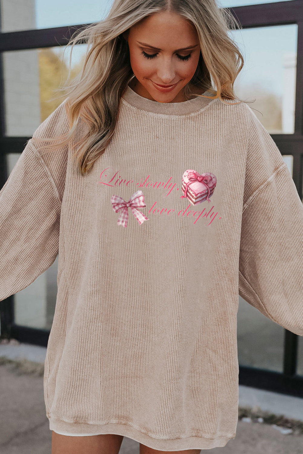 Valentine Bow Heart Corduroy Ribbed Oversized Sweatshirt