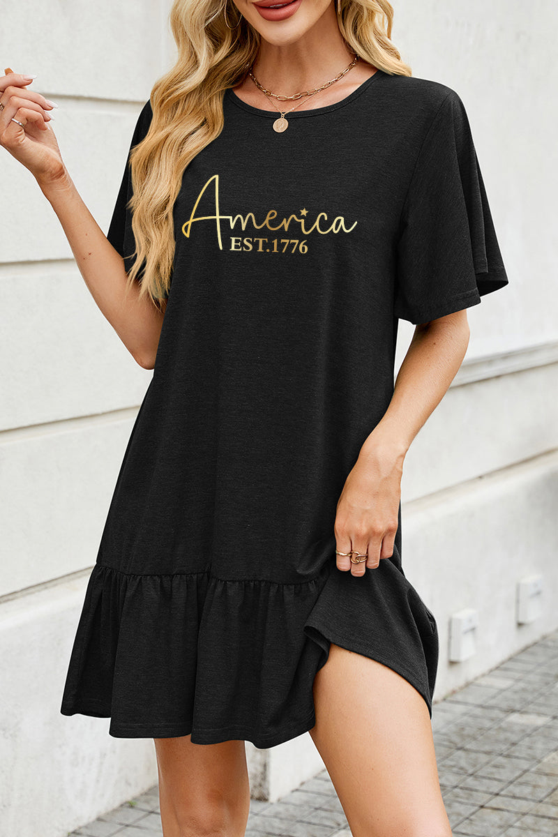 America Letter Cotton Dress Casual Ruffle Trendy