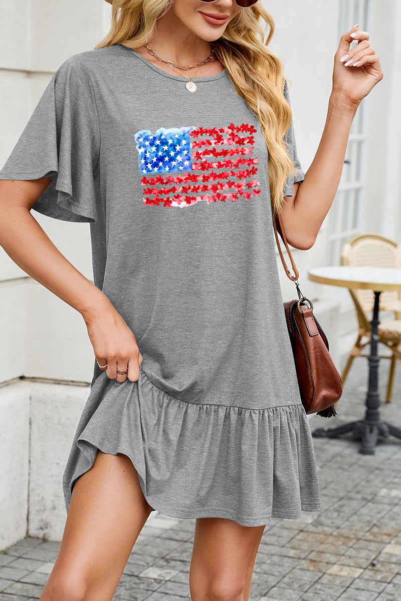 American Flag Cotton Dress Casual Ruffle Vacation