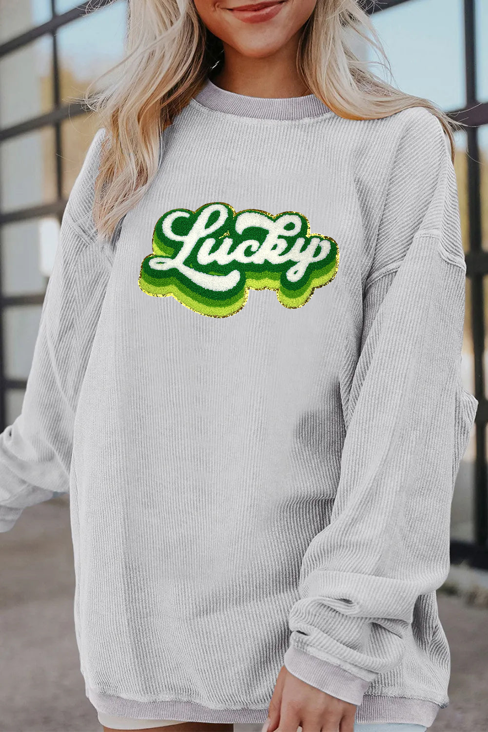 Saint Patrick’s Day Lucky Chenille Graphic Corded Sweatshirt