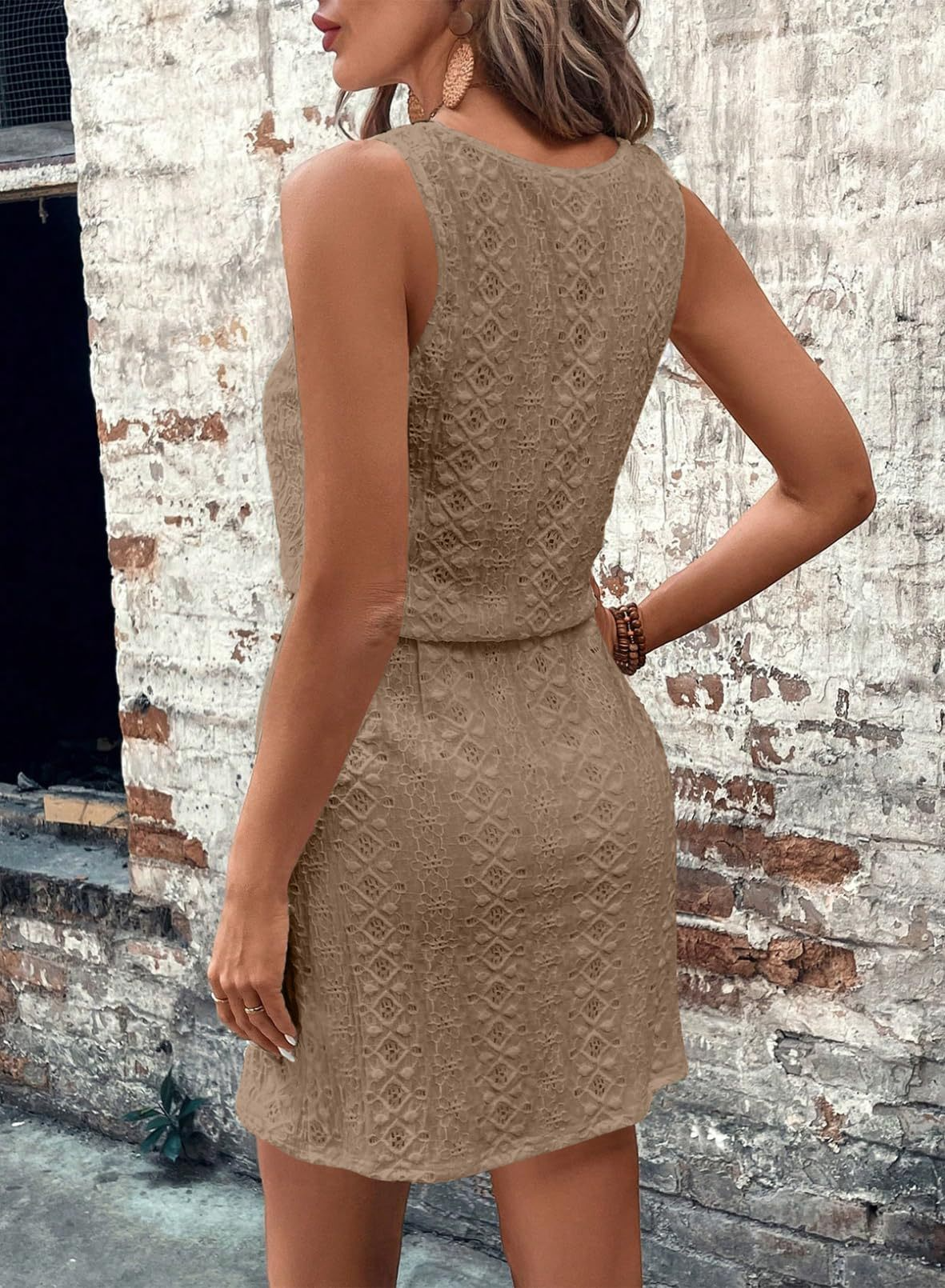 Sleeveless Eyelet Dress Square Neck Drawstring Summer