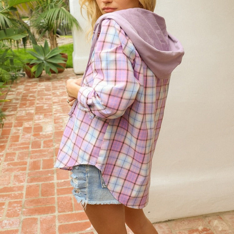 Plaid Hooded Shacket Button Front Oversized Fit