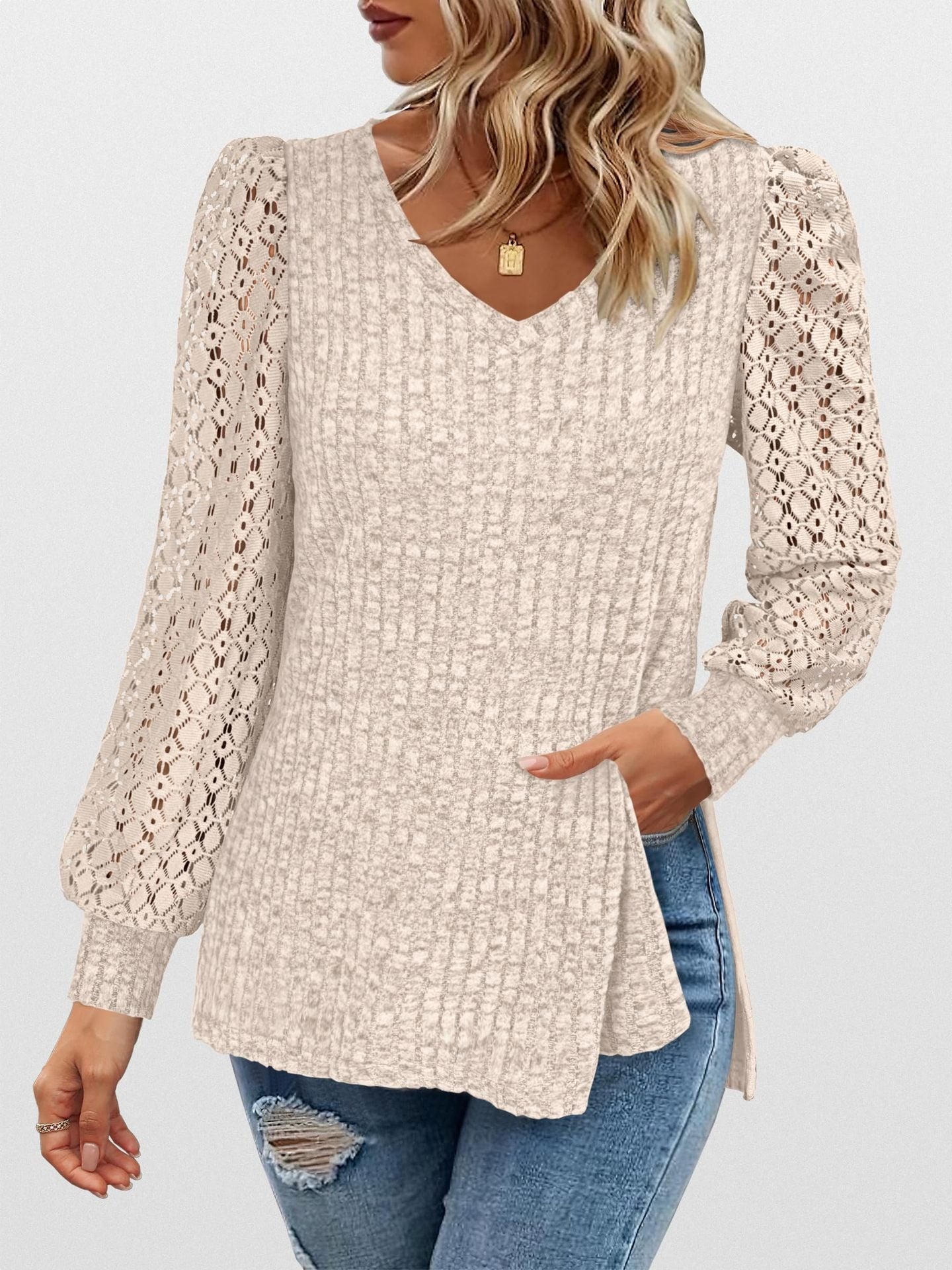 V-Neck Knit Top with Lace Puff Long Sleeves