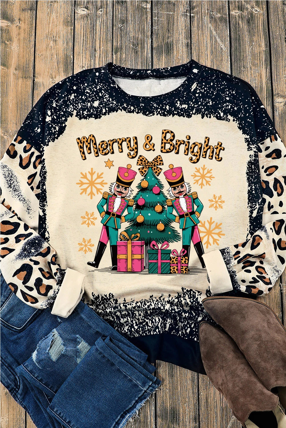 Black Merry&Bright Christmas Nutcracker Printed Leopard Tie Dye Bleached Baggy Sweatshirt