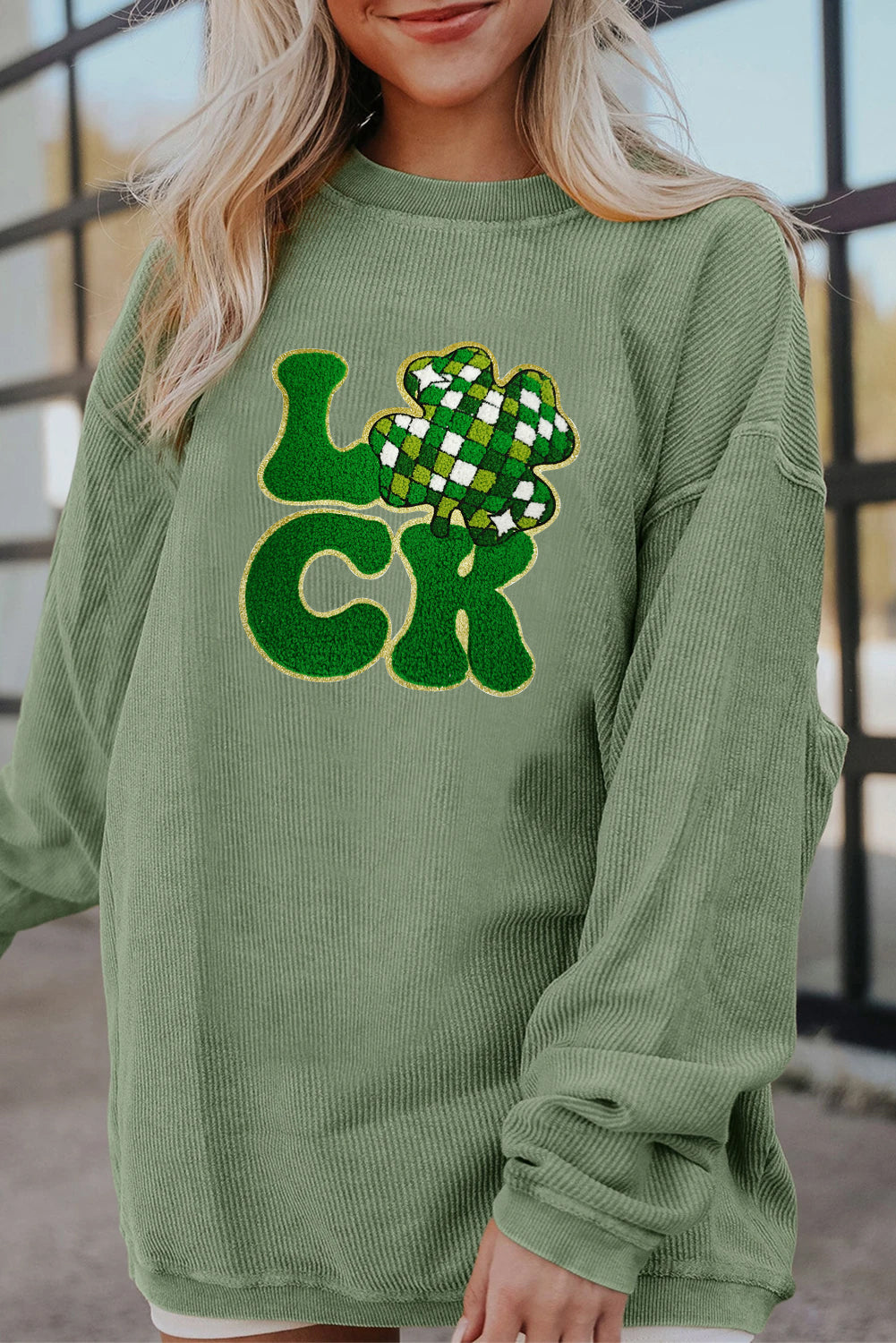 Saint Patrick’s Day LUCK Clover Graphic Corded Sweatshirt