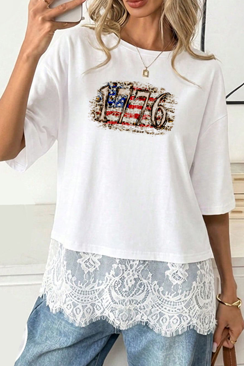 USA 1776 Graphic Tee Lightweight Lace Hem Patriotic Shirt