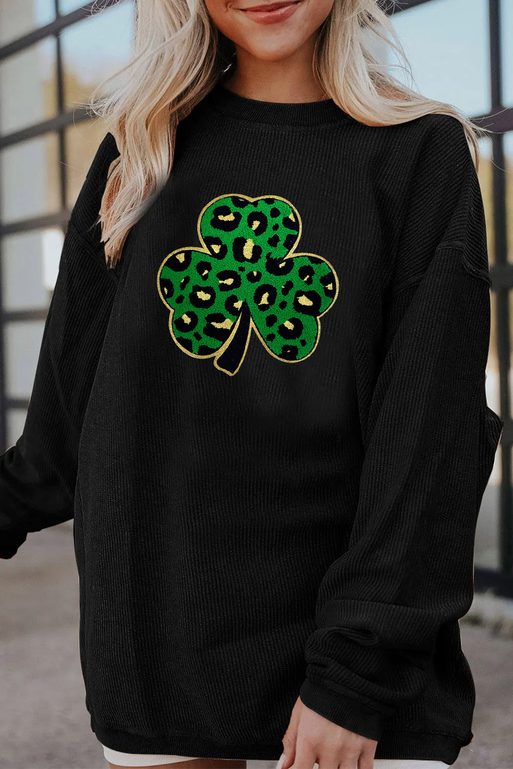 Saint Patrick’s Day Leopard Shamrock Corded Sweatshirt