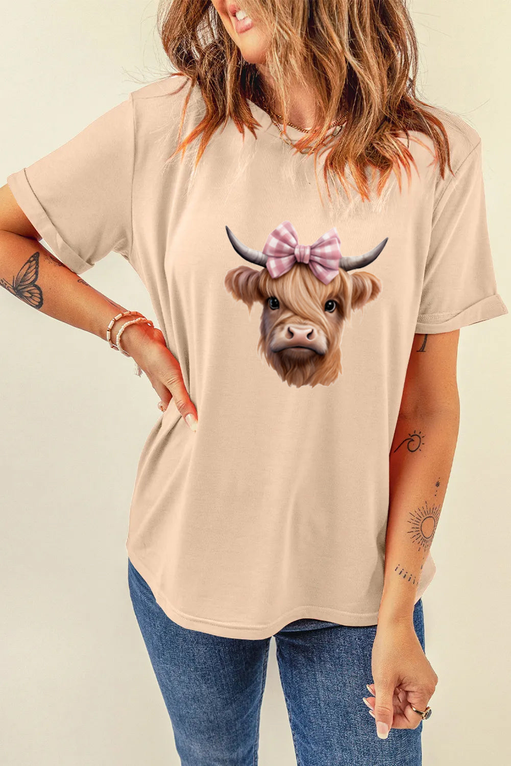 Western Bow Highland Cow Graphic Tee for Women