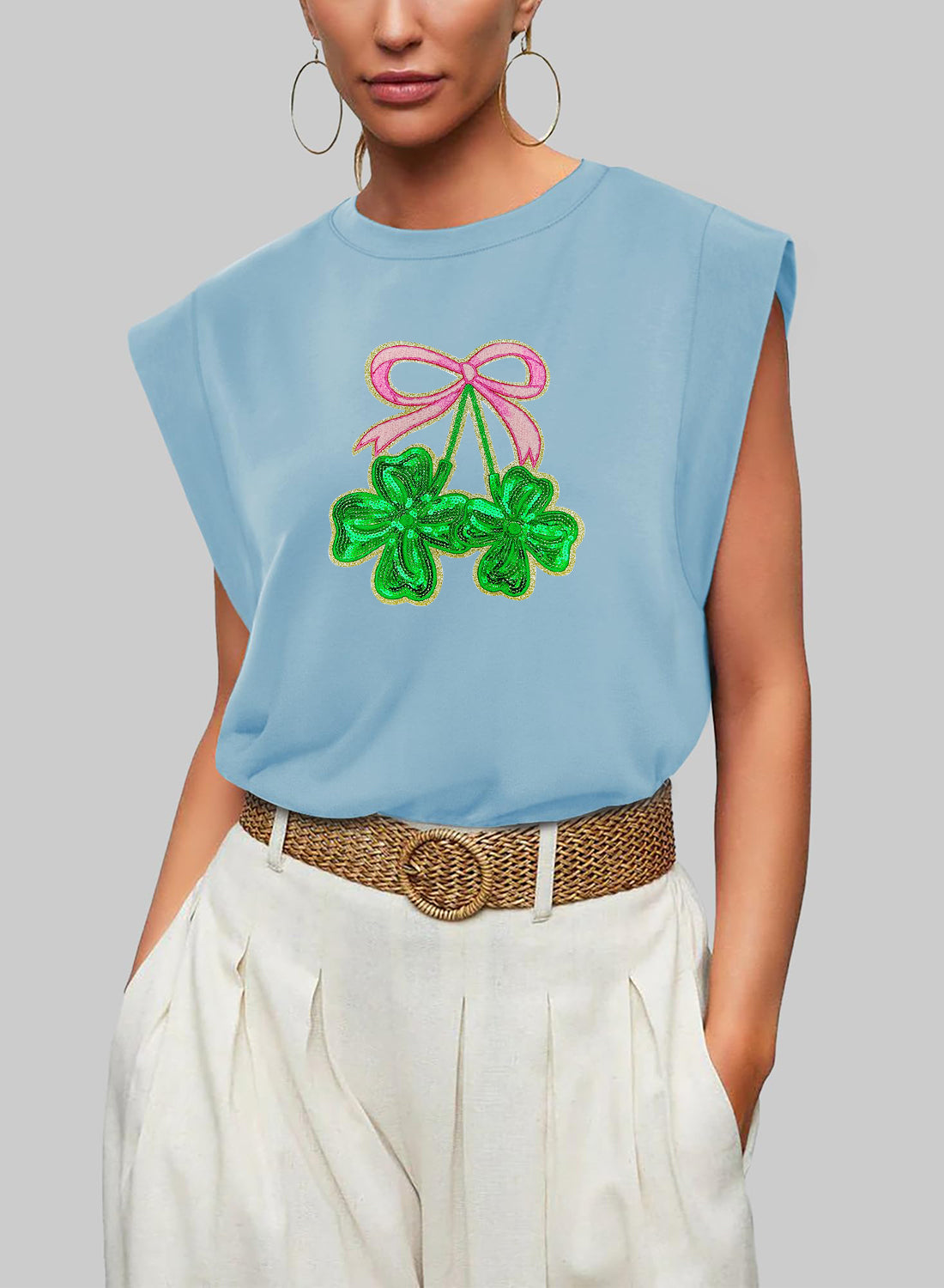 St Patricks Day Bow Shamrock Sequin Sleeveless Top