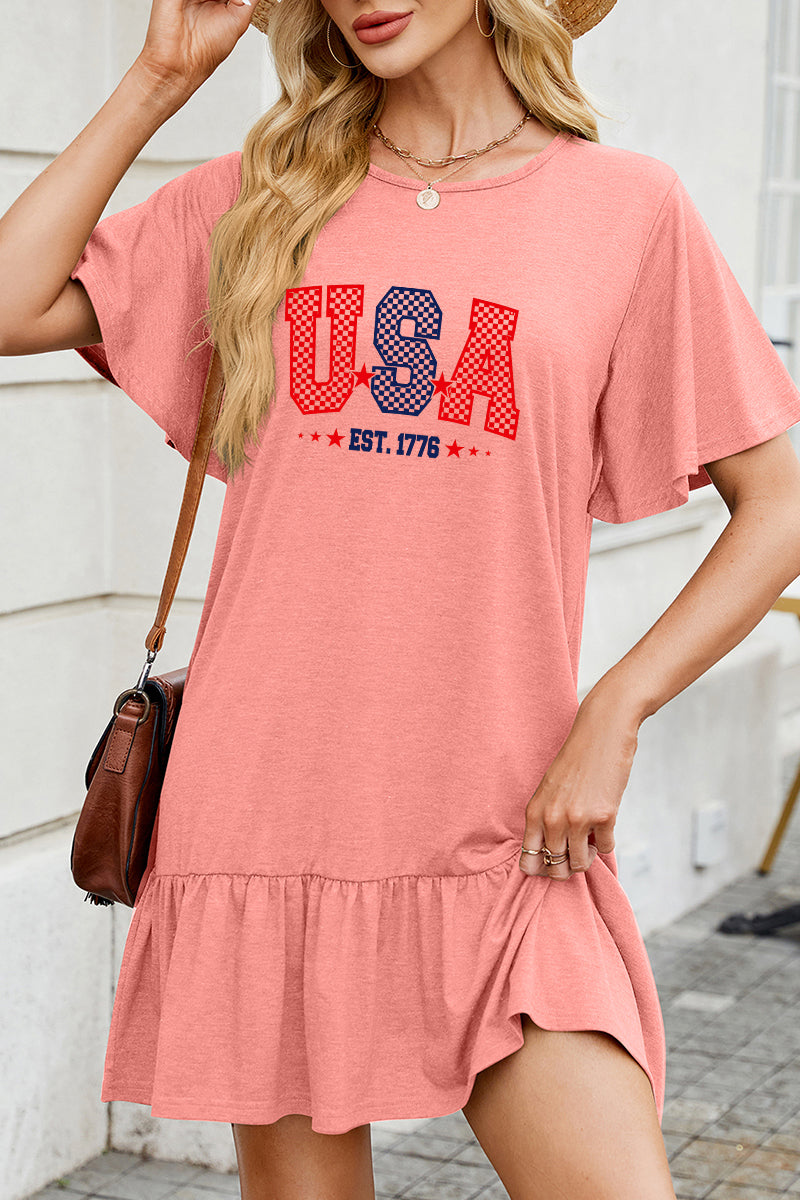 Patriotic Graphic Dress Ruffle Hem USA Casual Mini