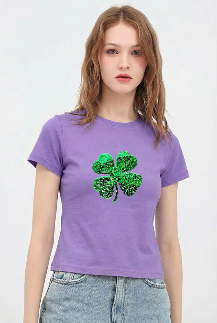 St Patricks Day Sequin Shamrock Crop T-Shirt