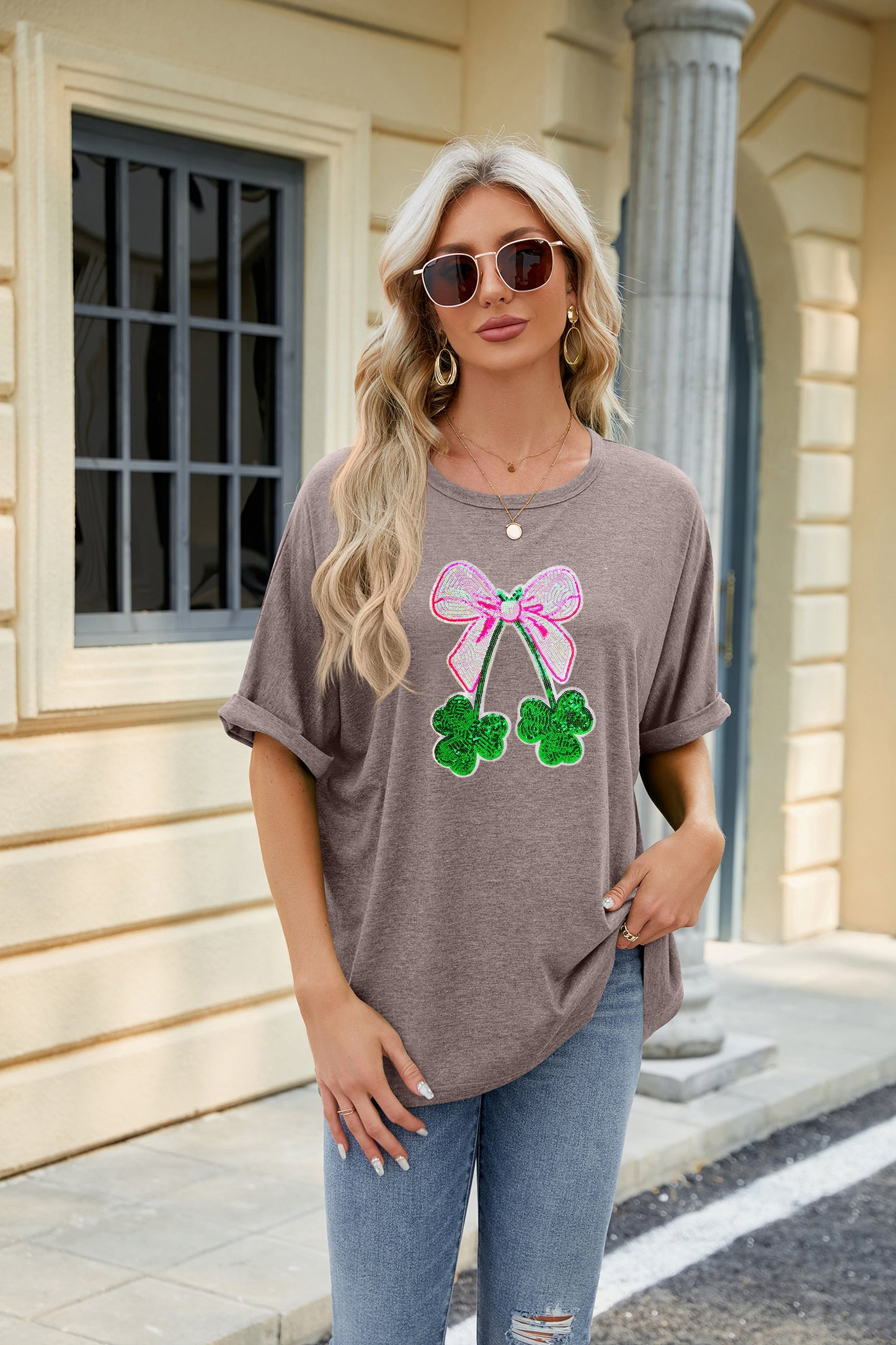 St Patrick’s Day Sequin Bow Clover Graphic Tee