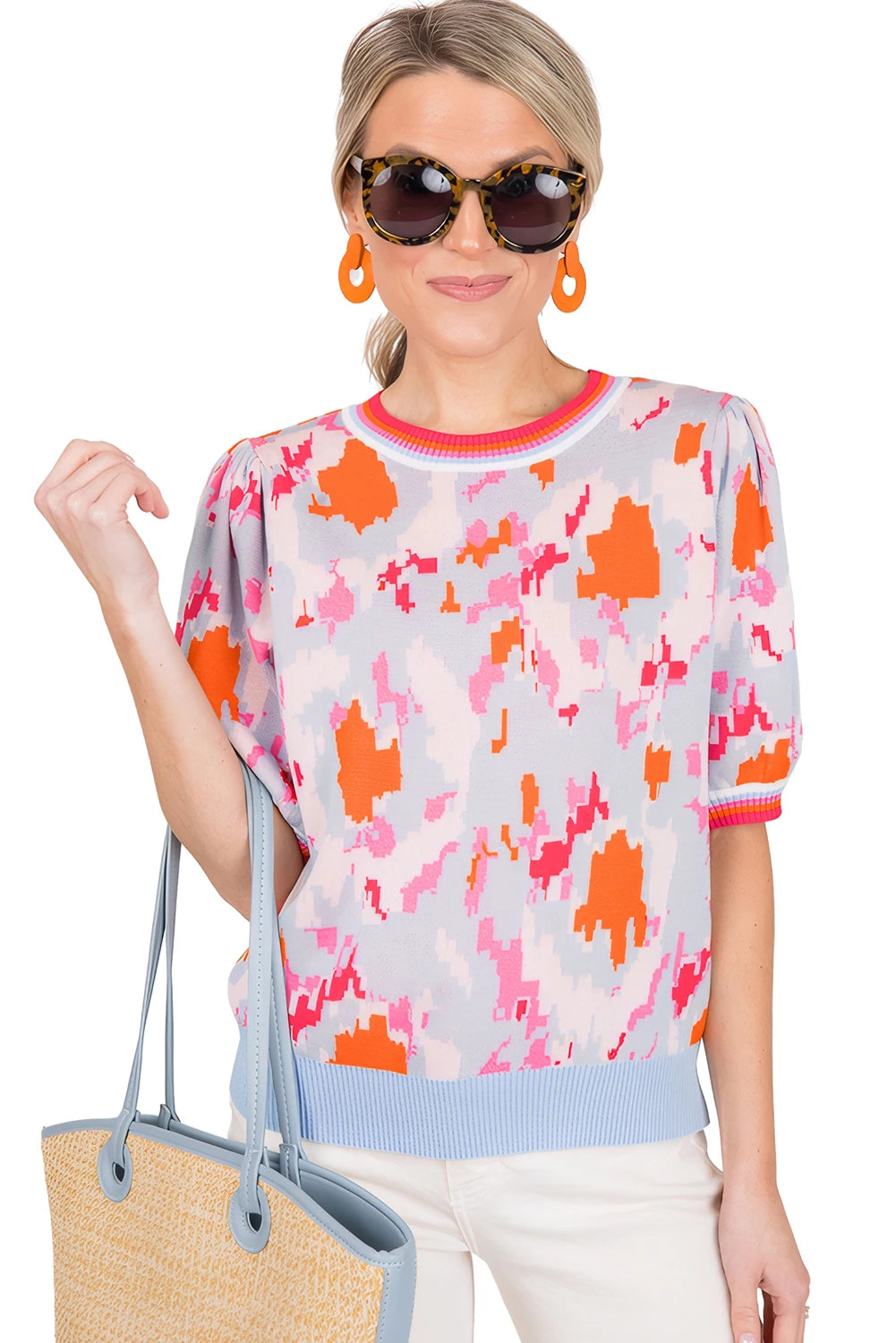 Apricot Abstract Pattern Knit Contrast Striped Trim Short Sleeve Sweater