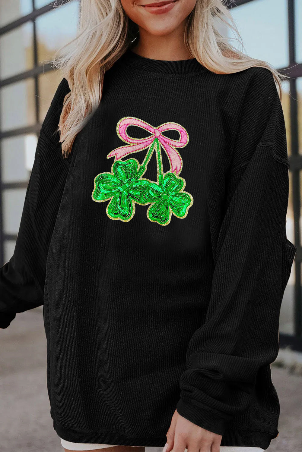 Saint Patrick’s Day LUCK Clover Graphic Corded Sweatshirt